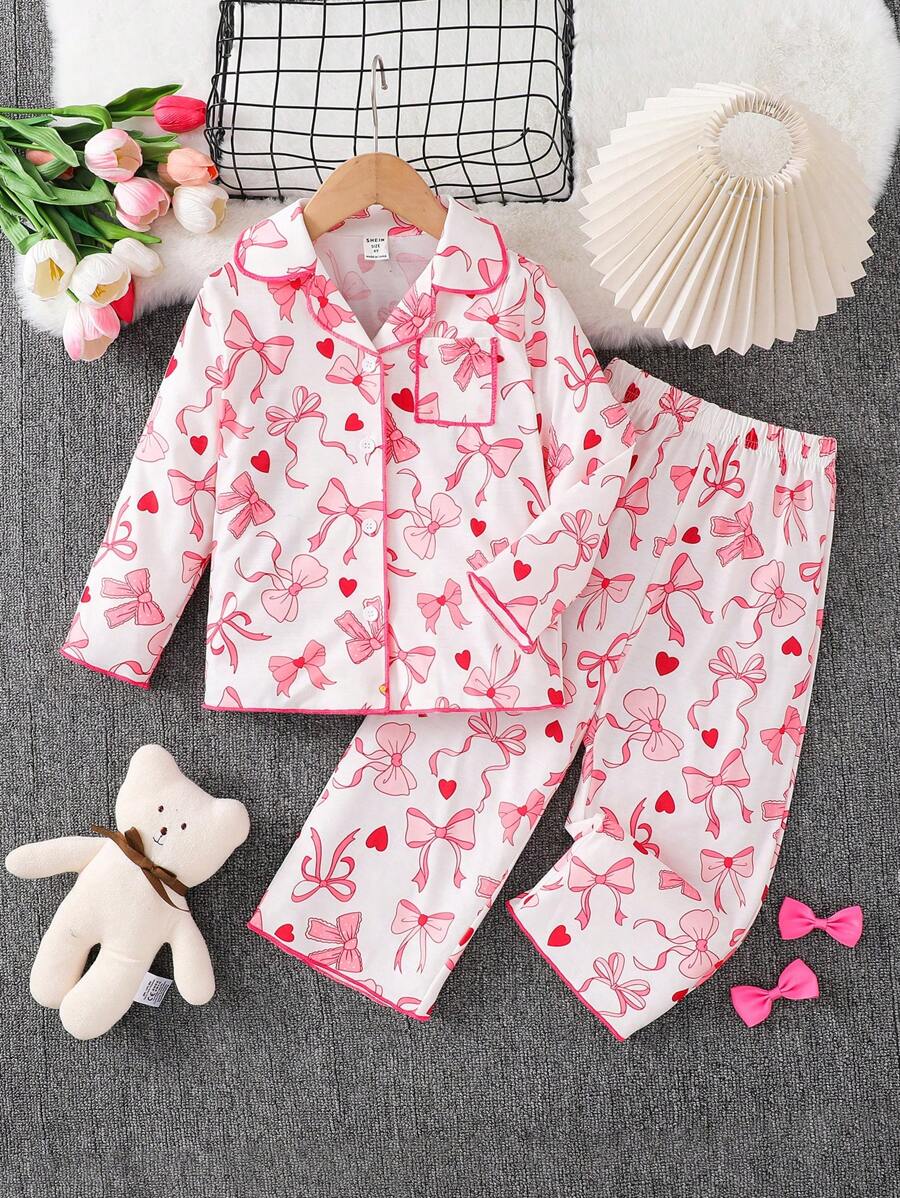 Dozemod Kids Young Girl Valentine's Day Pink Bow Pattern Sweet Collar Button Pocket Long Sleeve Pants Loose Casual Pajama Set 2 Pcs (2 Sets Sold Separately)