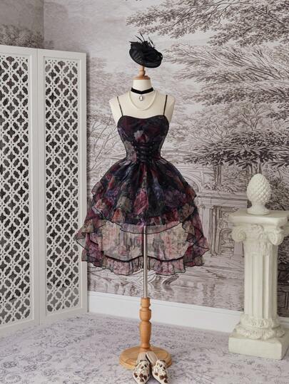 SHEIN MOD Vintage Blumen Mesh Überlagerung Vorderseite Bindetaille asymmetrischer Saum Kleid, bescheidenes Kleid, Date Night Kleid Damen, Sommerkleid Urlaub, Vintage Kleidung Damen, fließendes Kleid, Konzert Outfit Damen, Urlaubskleider für Damen, kürzer vorne und länger hinten, Retro, 70er, Old Money Ästhetik, Retro, Gothic, Schwarzes Korsett Kleid, Gothic Kleid