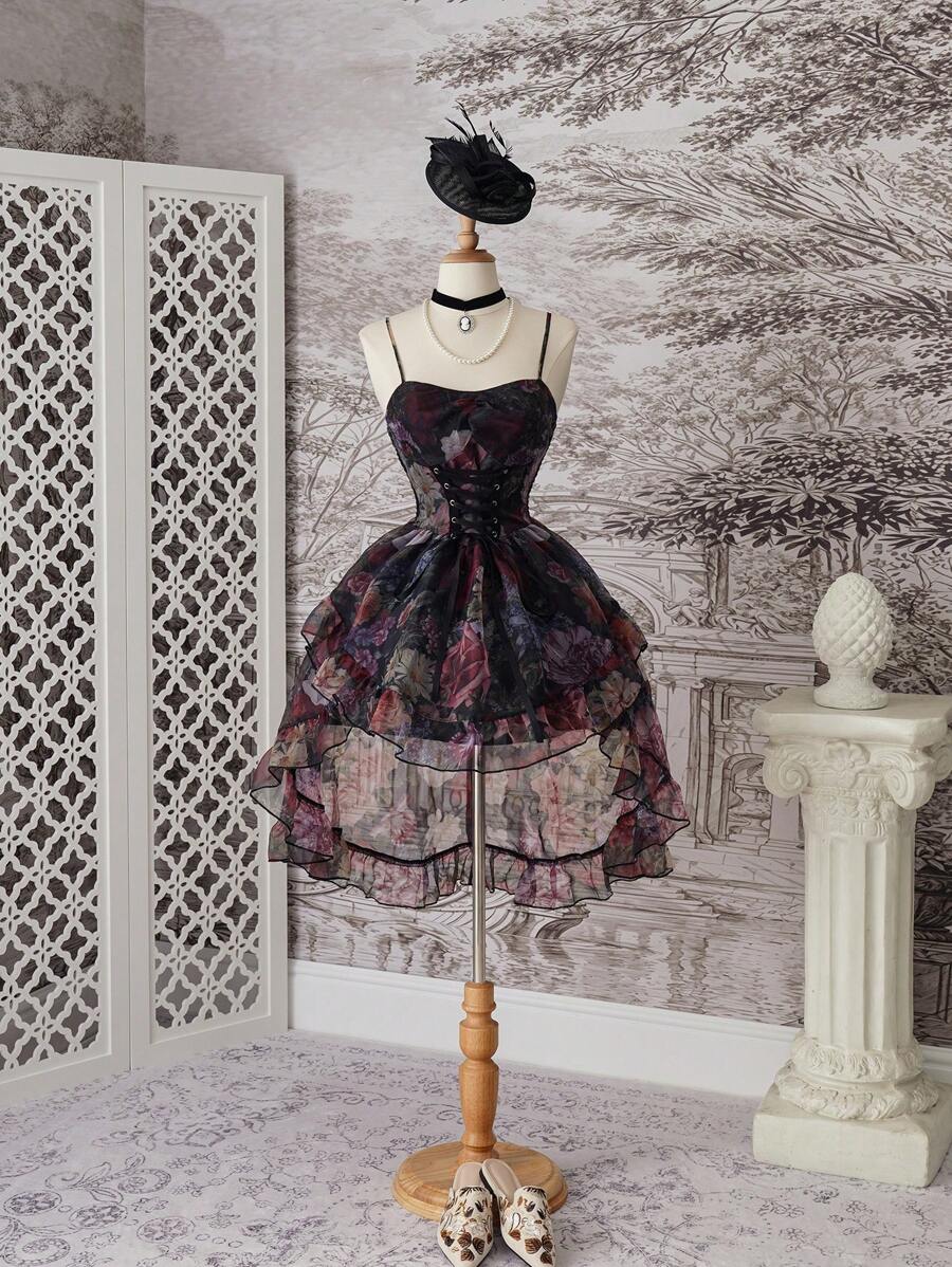 SHEIN MOD 复古花卉网纱拼接前系腰不对称下摆连衣裙，端庄连衣裙，女士约会之夜连衣裙，夏季度假连衣裙，复古女装，飘逸连衣裙，女士演唱会服装，女士假日连衣裙，前短后长，复古，70年代，老钱美学，复古，哥特，黑色束腰连衣裙，哥特连衣裙 - 彩色 - 查看 1