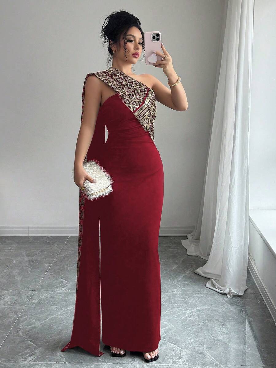 Rafferiza Robe près du corps plissée avec feuille d'or, mode moulant pour femmes - Rouge - Voir 1