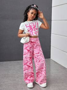 Tween Girls Summer Y2K Marble Print Drawstring Elastic Waist Wide Leg Casual Baggy Jeans Wide Leg Jeans For Daily Wear,Girls Summer Concert Festival Causal Rave Outfits, Girls Summer Brunch Church Graduation Outfits,Streetwear Back To School Outfits
