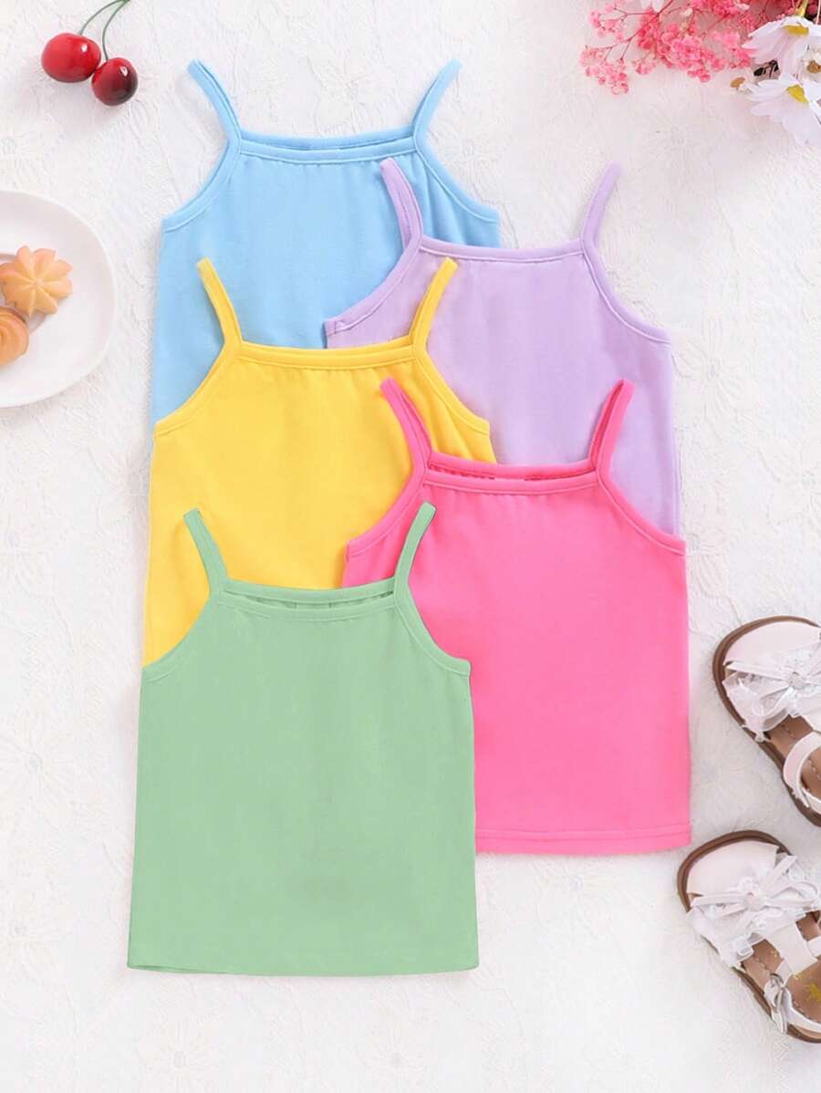 SHEIN Bộ 5 chiếc áo ba lỗ không tay dệt kim trơn đơn giản cho bé gái - màu xanh lá - Xem 1