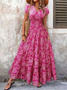 Breezaya Vestido largo con volantes en el bajo y estampado total para vestir en vacaciones y en la playa para mujeres - Rosa Fucsia - Ver 4