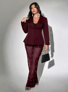 Viva Relle Set elegante da donna taglie forti composto da giacca con colletto a bavero e maniche lunghe in colore unito, e pantaloni in in rete impreziositi da perle, adatto per San Valentino