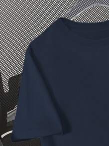 SHEIN Teenage Boy Slogan Building Print Round Neck Short Sleeve Casual T-Shirt - Navy Blue - View 7