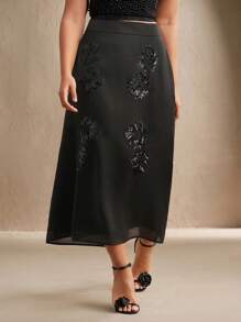 Anewsta Plus Size Women's Floral Embroidered Solid Color Elegant Summer Skirt - Black - View 6