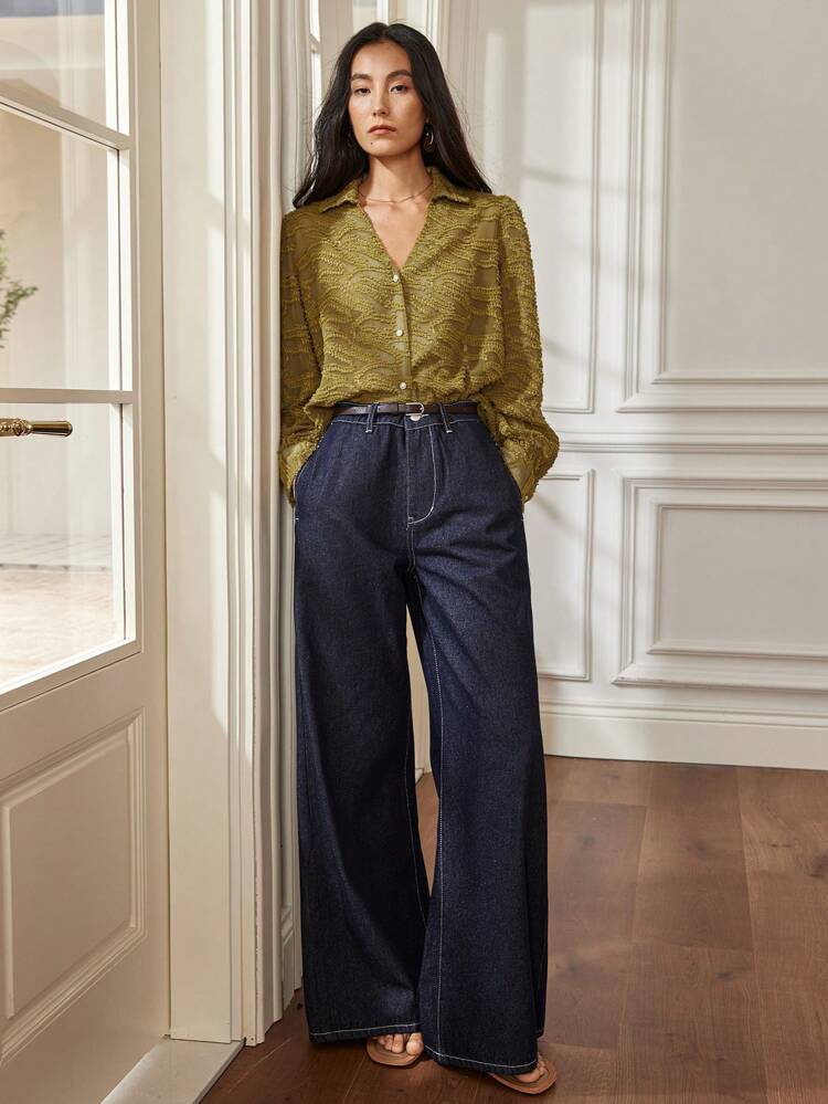 Spring & Summer Casual Vacation Textured Chiffon Business Casual Banquet Sexy V-Neck Long Sleeve Women Blouse