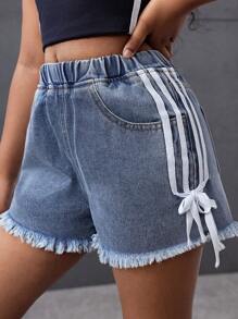 青少年女孩 Y2K 时尚侧条纹蝴蝶结宽松复古休闲宽松牛仔裤长短裤，带斜口袋和毛边下摆，女孩春夏假期服装，夏季音乐会狂欢节宽松短裤街头服装