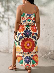 SHEIN LUNE Robe d'été à bretelles fines, ourlet incurvé, imprimé floral, grande taille