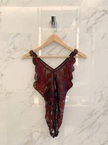 DAZY 黑色和红色撞色蕾丝性感连体衣，女士内衣 - 彩色 - 查看 10