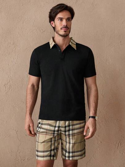 HIMLAND Conjunto De Polo Tejido De Manga Corta Y Pantalones Cortos Tejidos A Cuadros Para Hombre