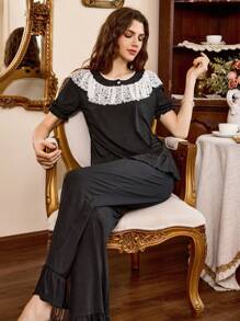 Côtesoire Women 2pcs Contrast Lace Ribbed Short Sleeve & Pants Pajama Set Holiday Season