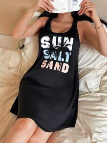 SHEIN Váy yếm in chữ phổ biến dành cho nữ, váy ngủ & mặc nhà thường ngày - màu đen - Xem 7