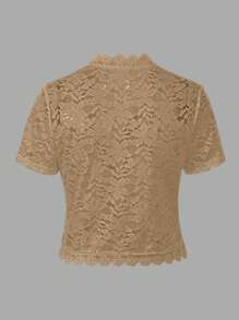EMERY ROSE Ladies' Summer Solid Color Lace Patchwork Casual Open Front Jacket For Holiday Party Clothes - Khaki - View 2