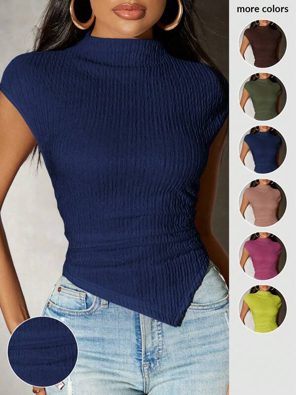 SHEIN SXY Summer;Women's Solid Color Knit Asymmetric Hem T-Shirt, Spring