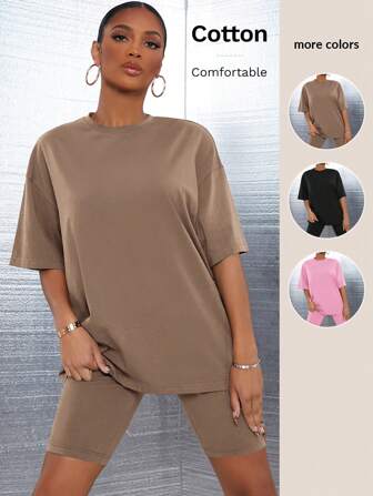 SHEIN SXY Drop Shoulder Solid Top & Biker Shorts Set