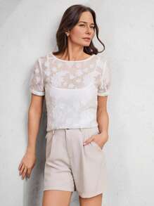 Miaspire Chemise élégante à manches courtes avec encolure ronde en maille transparente d'été pour femmes, top texturé ajouré et transparent, tout-aller et polyvalent pour l'été - Blanc - Voir 6