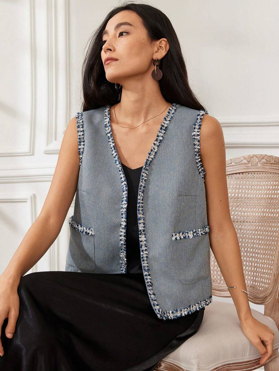 Dazy-Less Women Summer Commuting Waistcoat Contrast Splice Frayed Edge Plaid Texture Cardigan Vest,Fall Clothes Women Jacket - Blue - View 1