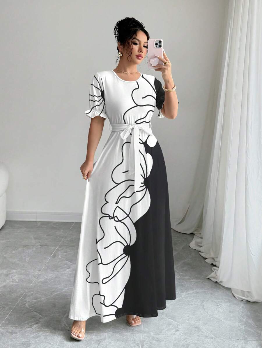 Yasmyna Stylish Floral Contrast Color Print Casual Dress For Women - Multicolor - View 1