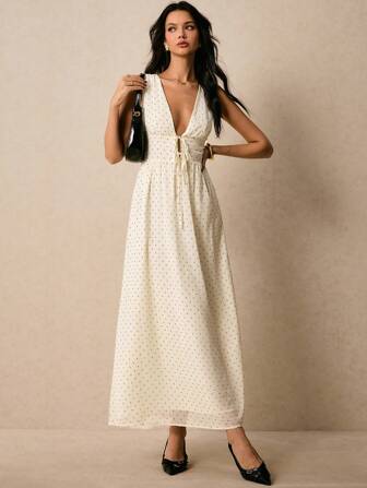 Poéselle 女式夏季休闲波尔卡圆点印花系带V领连衣裙