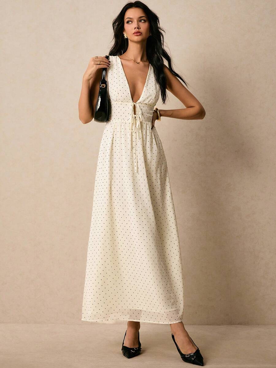 Poéselle Women's Summer Casual Polka Dot Print Tie Front V-Neck Dress,Business Casual Woman Business Women Attire