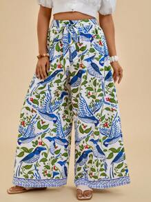 Travachic Plus Size Women Blue Tropical Plant Print Boho Wide Leg Pants For Holiday Summer Pool Party Coconut Girl Summer Boho Chic Boho Style Brunch Airport Beach Vacation City Break Holiday Western Western Wear Women Plus European Summer Island Vacation Honeymoon Old Money South Beach - Multicolor - View 4