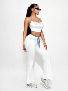 Sirith Pantalones casuales ajustados con contraste de cintura y dobladillo retorcido - Blanco - Ver 5