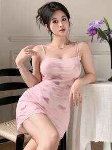 DAZY Butterfly Print Camisole Mini Dress With Ruffles & Bodycon Design For Women - Pink - View 4