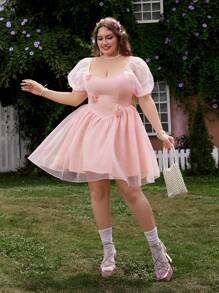 Lyrianda Plus Size Spring/Summer Romantic Vacation 3D Floral Puff Sleeve Dress