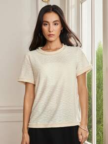 Dazy-Less Blusa da donna a maniche corte con collo rotondo, in chiffon con effetto testurizzato, decorata con fiori e frange, adatta all'estate e all'ufficio