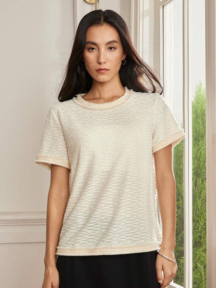 Women's Tassel Floral Trim Textured Chiffon Short Sleeve Round Neck T-Shirt, Summer, Business Casual Women, Teacher