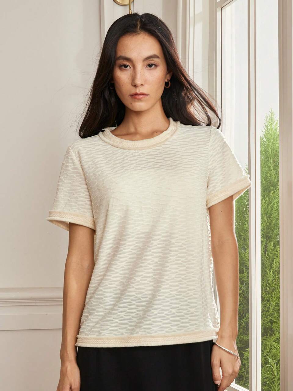Women's Tassel Floral Trim Textured Chiffon Short Sleeve Round Neck T-Shirt, Summer, Business Casual Women, Teacher