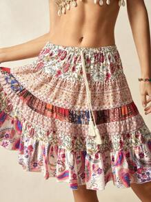 Bohemela Women's Woven Floral Ruffled Skirt With Waist Tie