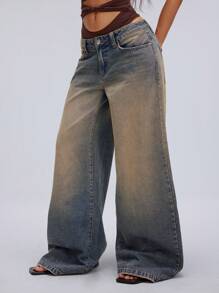 TRNVIE Jeans anchos de mujer informales con lavado ácido, bolsillos de ángulo y piernas anchas