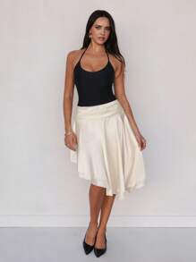 Roylia Women Elegant Satin Pleated Asymmetric Ruffle Hem Skirt - Apricot - View 6