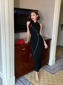 DAZY Nuovo abito in stile cinese migliorato, cheongsam nero senza maniche in maglia con motivo ricamato a rose, adatto per estate e autunno