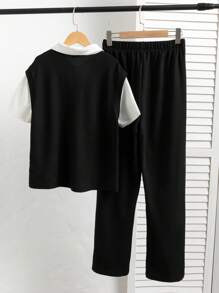2pcs/Set Teen Boy Classic Black & White Color Teens Boys 2 In 1 White Shirt Vest Tee + Elastic Waist Casual Pants Outfit