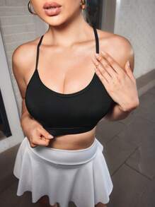 Slayoga Damen Sport-BH mit einfarbigem Mesh-Patchworkmuster und rückenfreiem Camisole