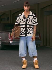 AXEPEAK Men's Casual Resort Colorblock Geometric Pattern Knitted Fall Sweater, Streetwear Style - Black and White - View 4