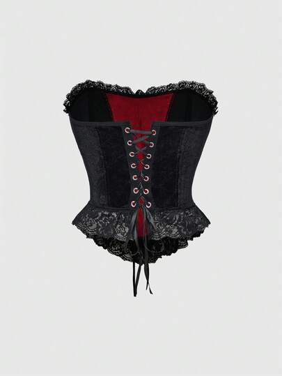 Goth Gothic Lace & Velvet Patchwork Strapless Bandeau Top, Halloween