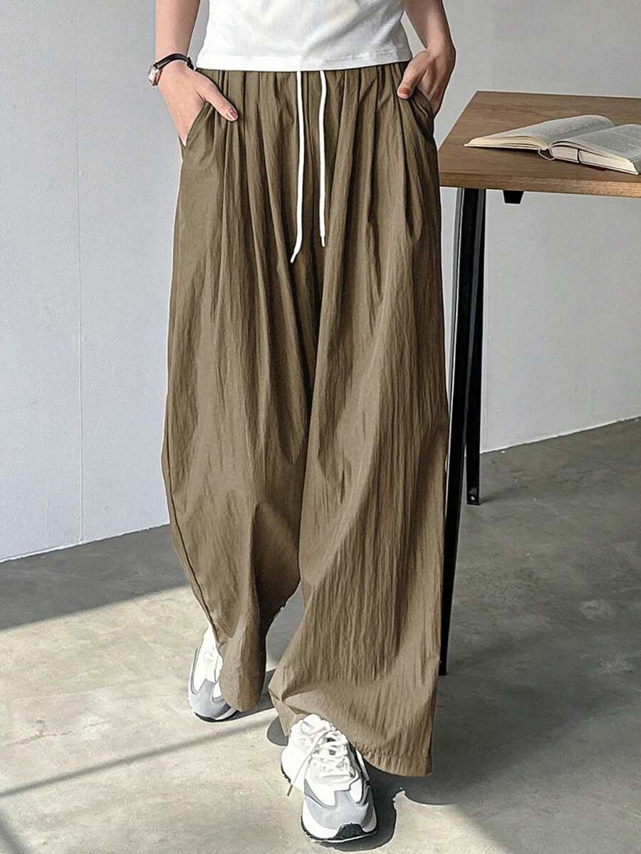 FRIFUL Women's Casual Solid Color Drawstring Waist Straight Leg Pants - Olive Green - View 1