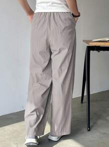 FRIFUL Women Casual Solid Color Drawstring Waist Straight Leg Pants
