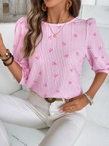 EMERY ROSE 女士条纹蝴蝶结圆领灯笼袖休闲衬衫 - 粉色 - 查看 7