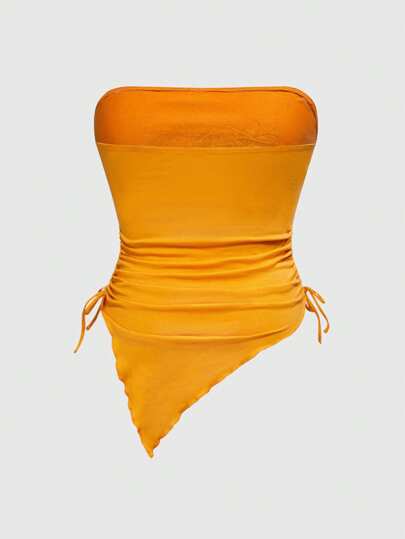 J-Fashion Parte superior asimétrica con cordón ajustable, efecto estampado de piedras rhinestone con rosas, en color naranja, talla grande, estilo Y2K para vacaciones, para mujer de talla grande