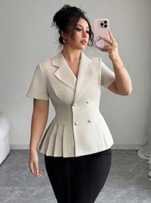 Elenzga 大码女式优雅法式商务休闲衬衫，适合通勤、派对、下午茶时间，翻领，金属纽扣，双排扣，收腰，A 字下摆，短袖，适合春夏季 - 杏色 - 查看 3