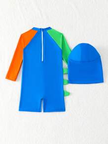 幼儿/婴儿男孩连体长袖连帽泳衣，卡通印花沙滩/游泳装 - 藍色 - 查看 2