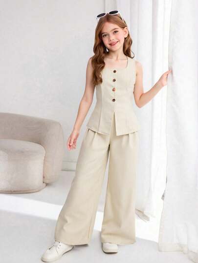 SHEIN Conjunto de 2 piezas de top sin mangas con cuello de botones a rayas de color y pantalones rectos elegantes y casuales para niñas preadolescentes