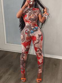 Slaydiva New Spring And Summer Street Music Festival Sexy Small Stand-Up Collar Short-Sleeved Slim Trousers See-Through Full-Frame Dragon Pattern Printed Mesh Women's Tight Jumpsuit-B