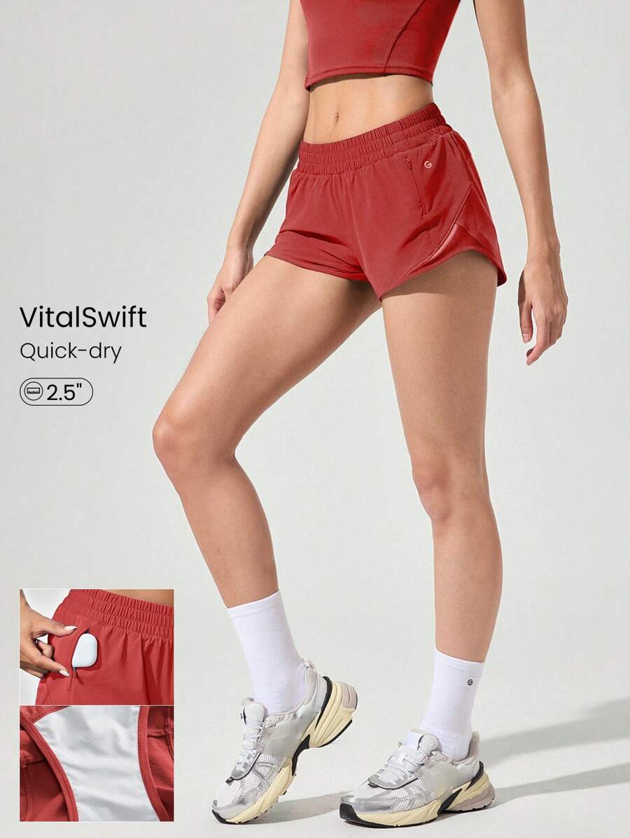 GLOWMODE Quần short chạy bộ cạp trễ VitalSwift 2,5" có quần lót tích hợp, túi lưới có khóa kéo, dây rút phản quang, tập luyện hàng ngày, tập thể dục, mùa hè, nhanh khô, thấm hút mồ hôi, chống mùi hôi - Bụi vũ trụ đỏ - Xem 1