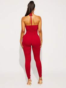 SHEIN SXY Sexy Solid Color Backless Halter Neck Jumpsuit - Red - View 5